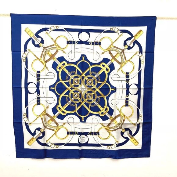 HERMES Eperon d'Or Carre90 Scarf silk blue/White - Picture 1 of 13
